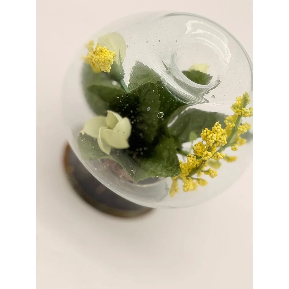 Vintage Glass Orb Candle Holder Encased Faux Yellow White Flowers Terrarium 3.5